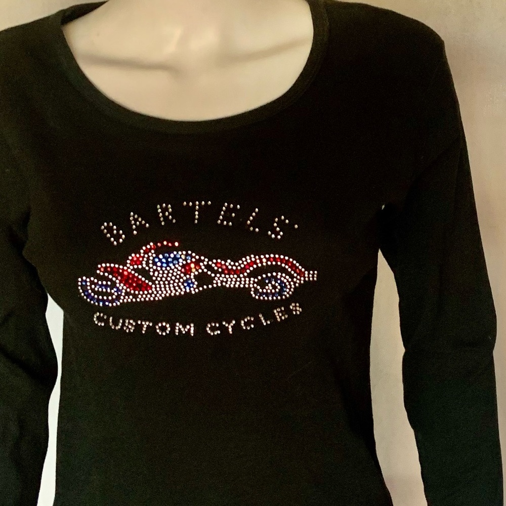 Carrie Daway Bartel Harley rhinestone long sleeve shirt. BARTELS CUSTOM CYCLES